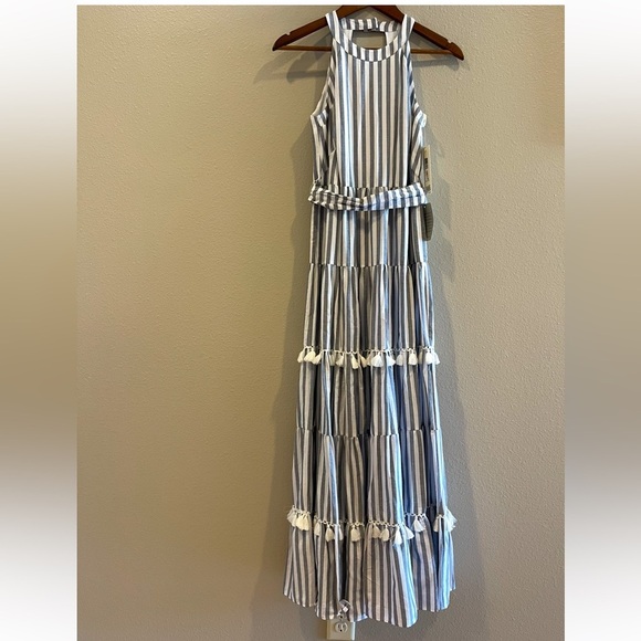 Eliza J Striped Summer Tiered Ruffle Tassel Trim Maxi Dress Preppy Sleeveless 2P - Picture 4 of 16